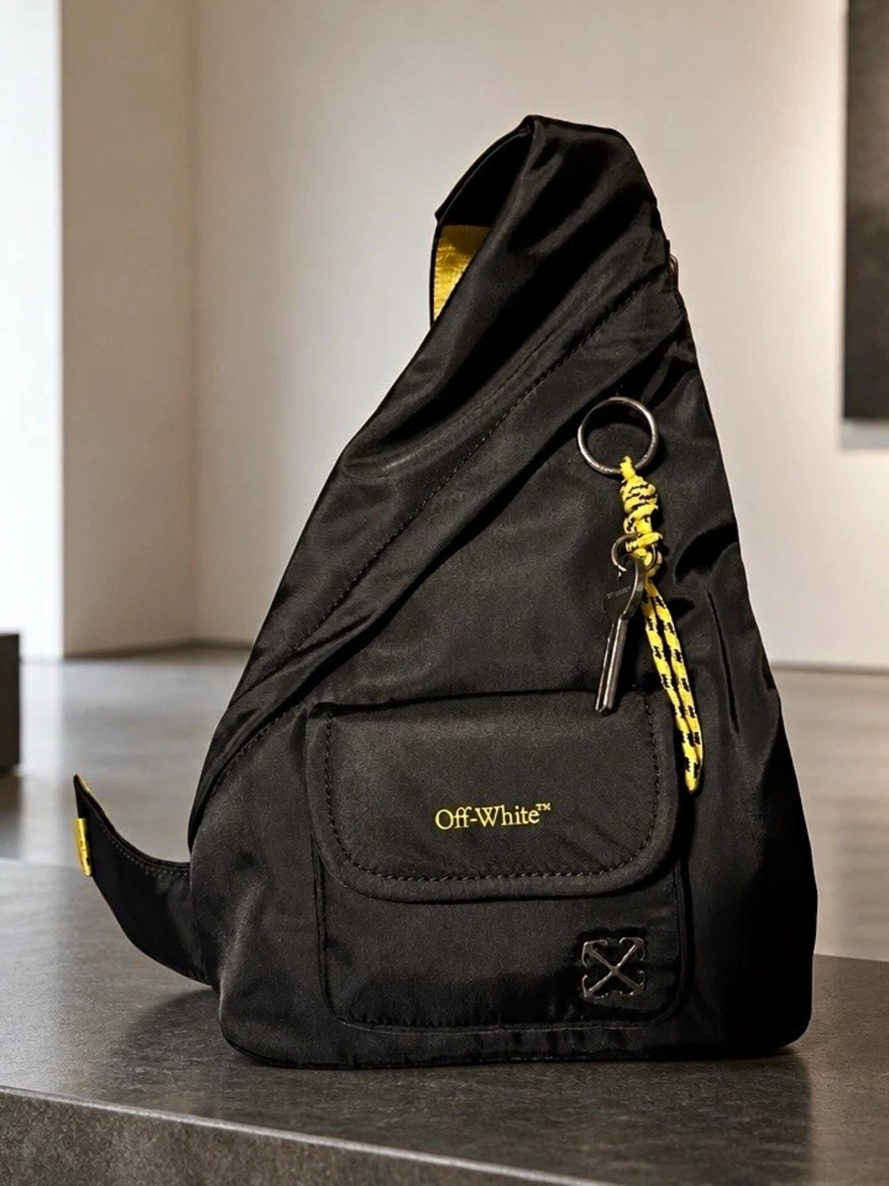 Off-White Asymmetrical Triangle Sling Bag Black/Yellow, Zip, Adjustable Strap